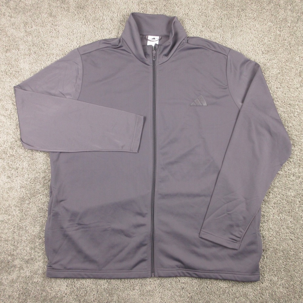 Adidas Track Jacket Mens 2XL Gray Full Zip Warm Up Activewear Mock Neck Logo EUC